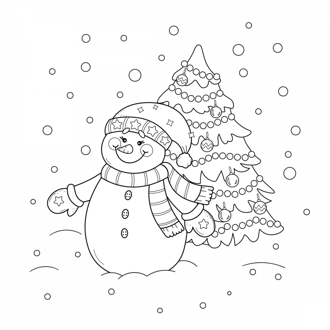 Schneemann mit Tannenbaum ausmalen